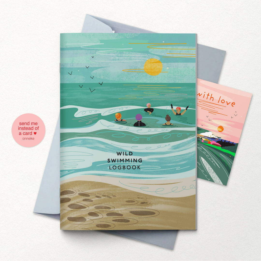 Wild Swimming Logbook by Onneke featuring a colourful sea swimmers illustration, with message card and envelope for gifting.