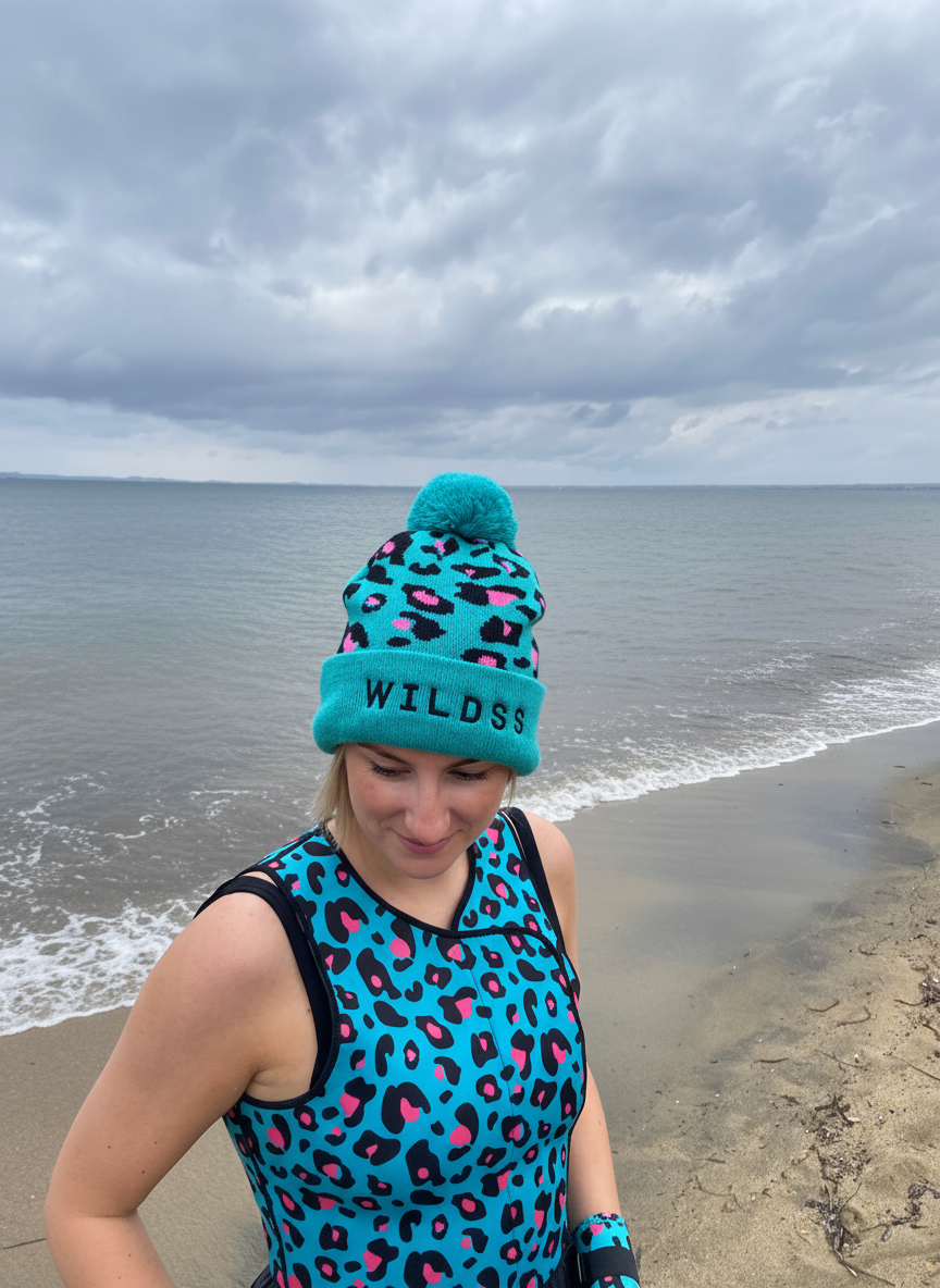 Wild Swimming Socks Leopard print waterproof bobble hat – turquoise and pink leopard print design worn by a wild swimmer at the beach, perfect for open water and cold weather adventures.