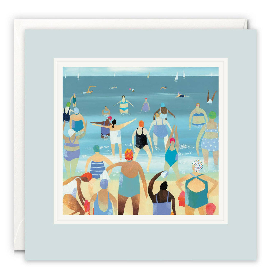 Wild Women blank art card illustrated by Claire Henley featuring women in colourful bathing costumes enjoying a sea swim at the beach.