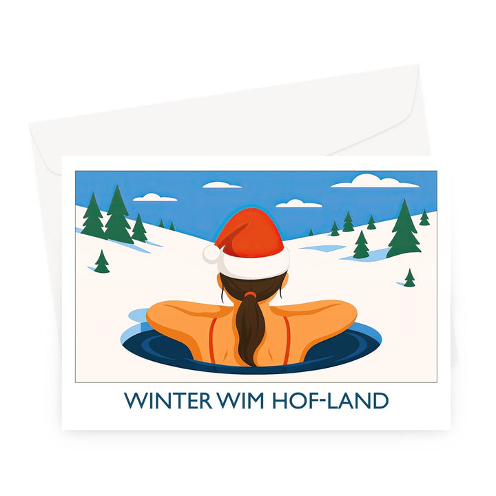 Winter Wim Hof-Land wild swimming Christmas card showing a swimmer in a Santa hat in an icy lake surrounded by snow and pine trees.