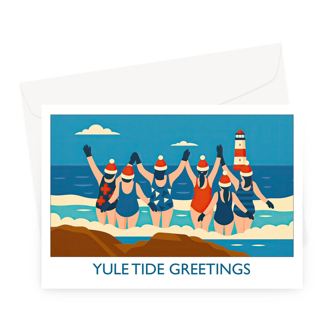 Yule Tide Greetings wild swimming Christmas card showing a group of swimmers in Santa hats holding hands in the sea by a lighthouse.