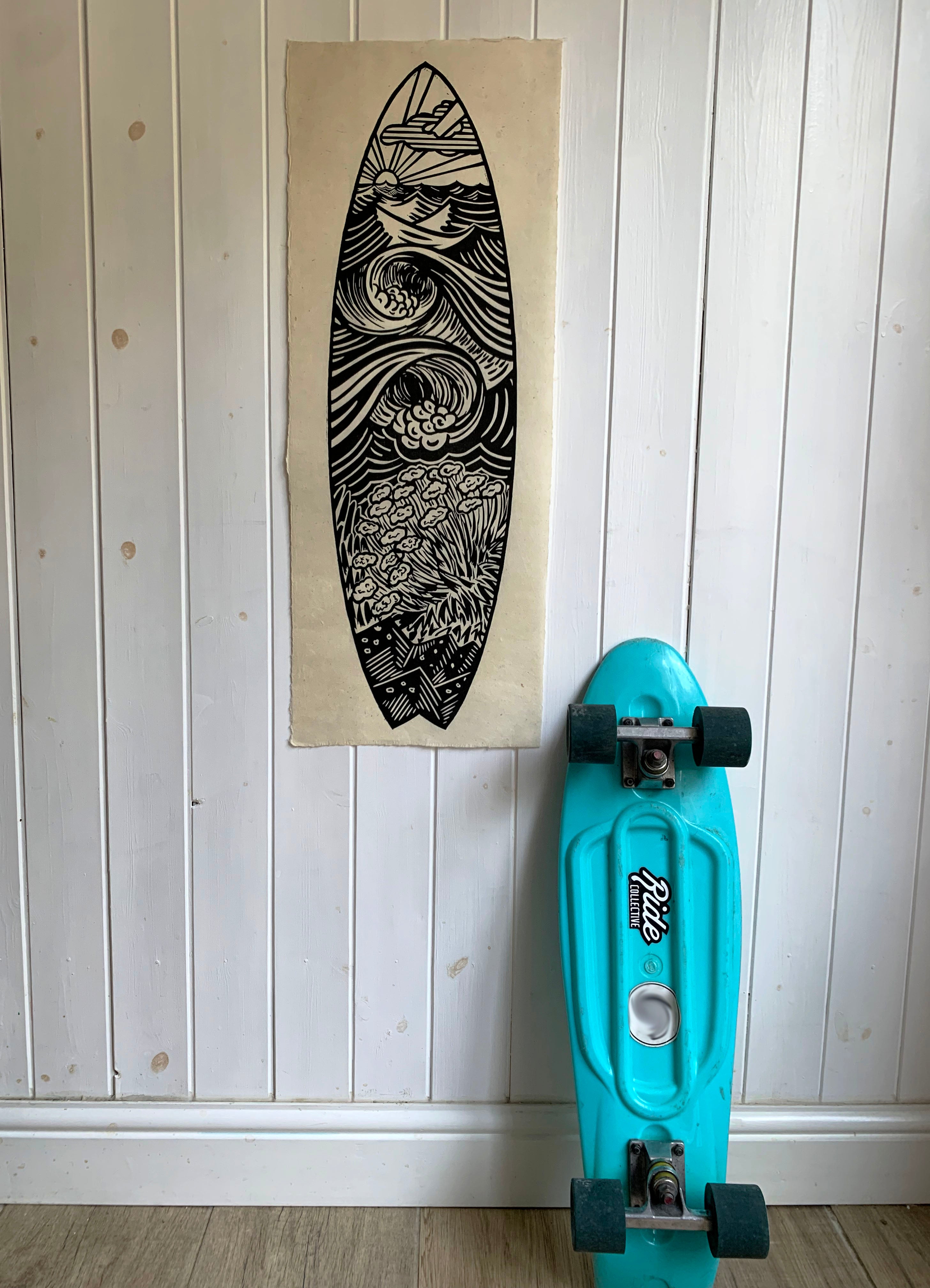 Linocut Print - Pintail Surfboard