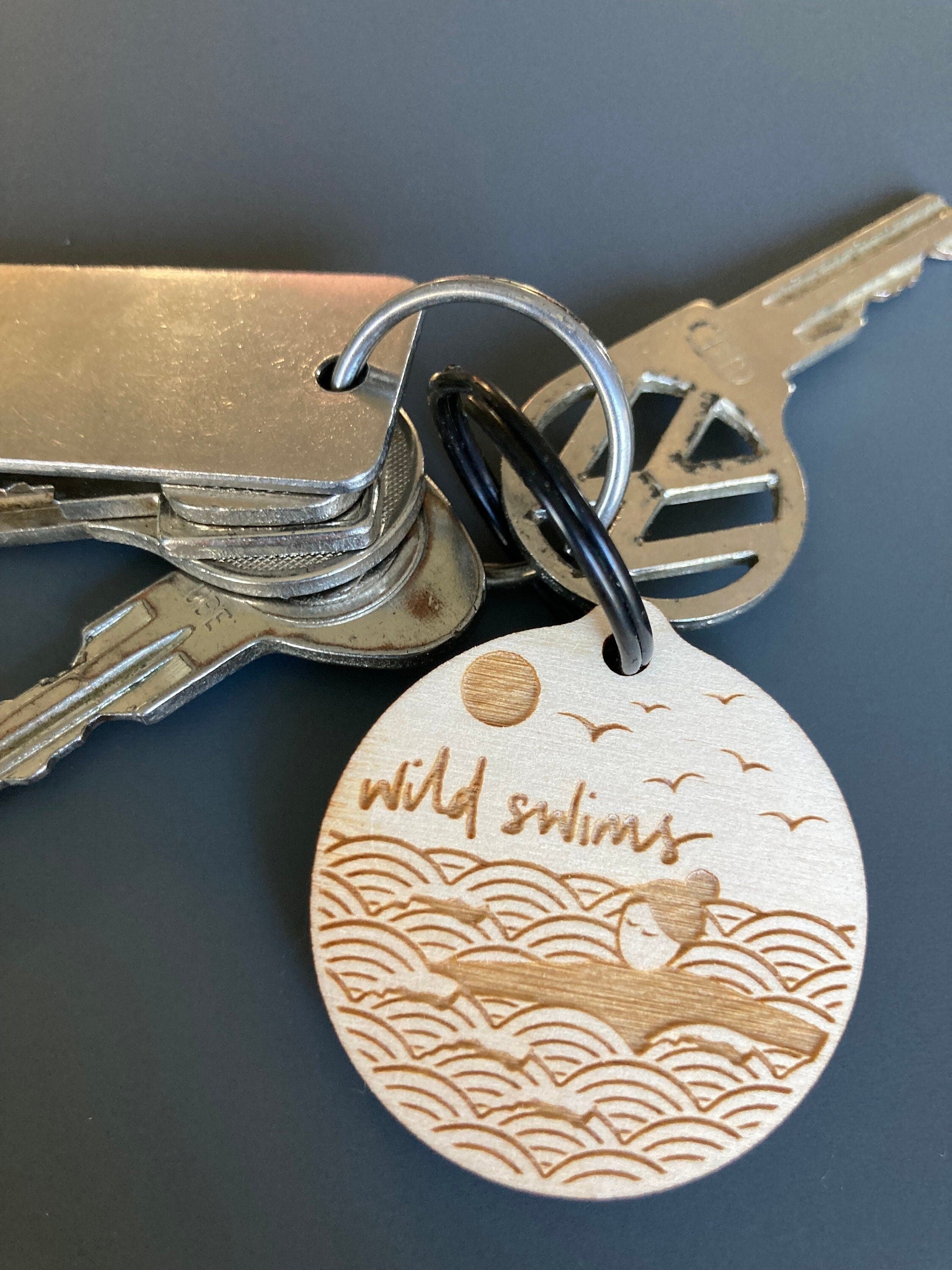 Wild swims key fob with ring | laser cut and etched birch plywood