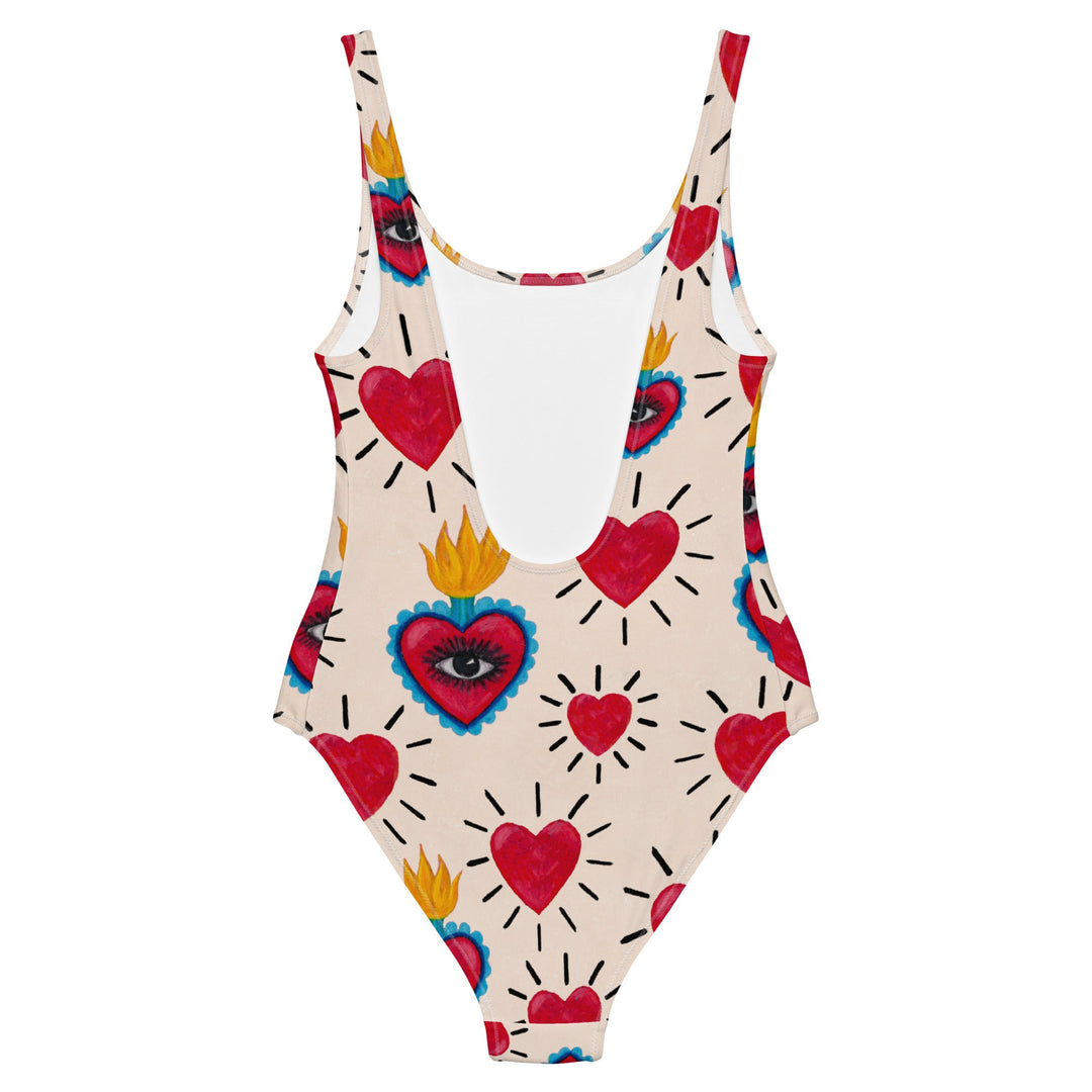 Back image of the Hearts Swimsuit by Mor Swimmy — white one-piece with bold red heart and flame print, designed for confident wild swimmers.