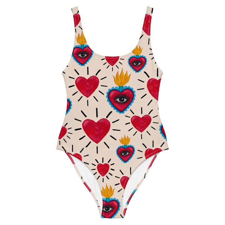 Front image of the Hearts Swimsuit by Mor Swimmy — white one-piece with bold red heart and flame print, designed for confident wild swimmers.