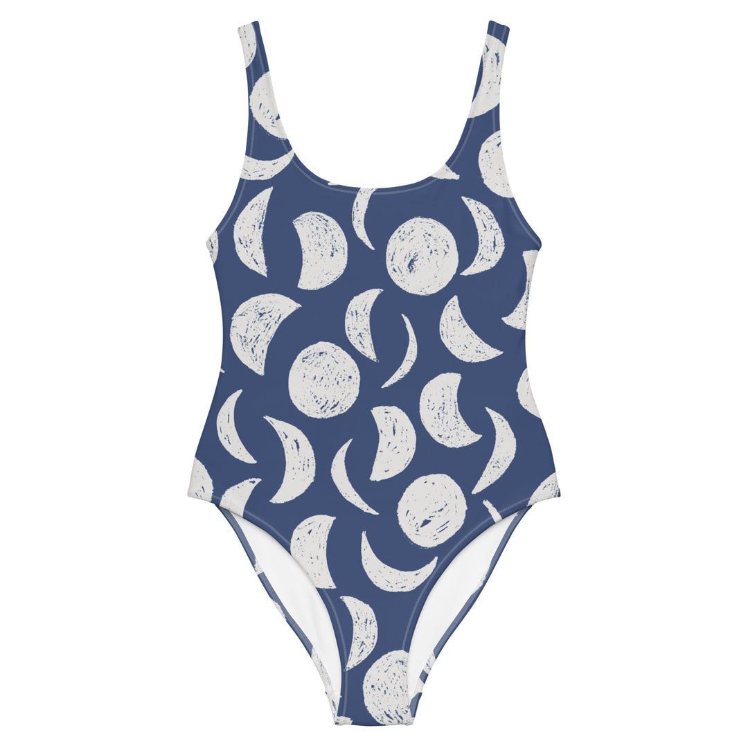 Front image of the Moons Swimsuit by Mor Swimmy — navy and white one-piece with lunar pattern, perfect for wild swimming and cold-water dips.
